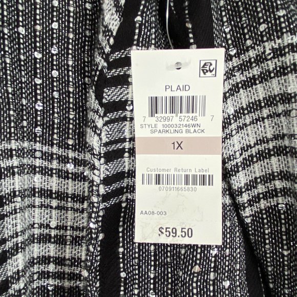 Style & Co Womens Shirt Top Plus 1X Black Sparkling Plaid Button-Up High-Low Hem - Picture 5 of 6